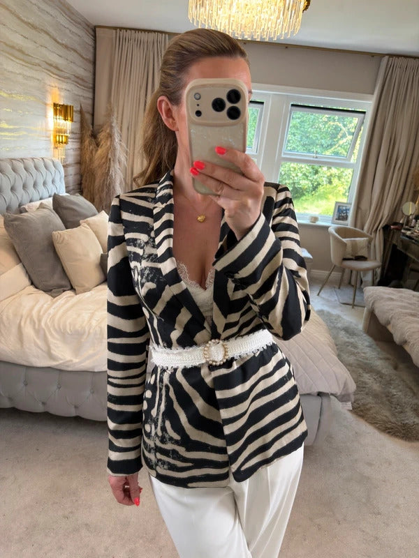 Zara Black & Cream Animal Print Blazer Small