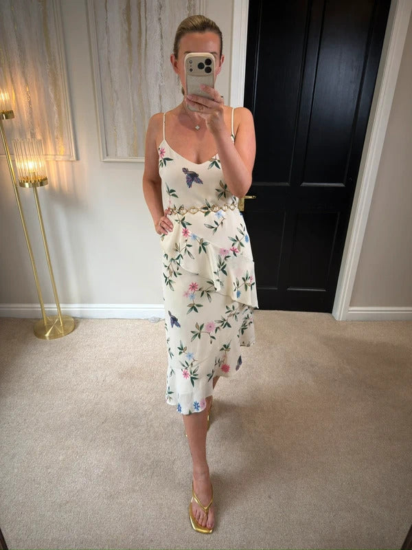 M&S White Floral & Bird Layered Midi Slip Dress 10