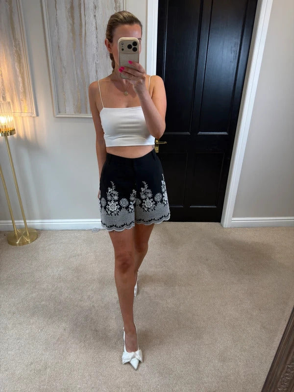 TU Black & White Embroidered Shorts 8