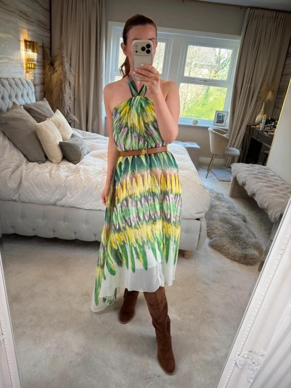 Caroline Morgan Green & Yellow Halterneck Dip Hem Dress 8