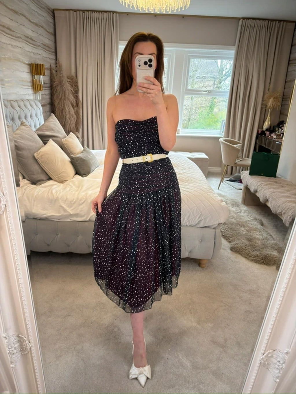 Vintage Navy Spotted Strapless Midi Dress 10/12