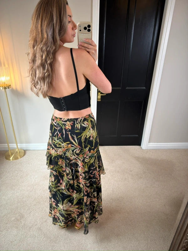 M&S Black Floral Tiered Maxi Skirt 10