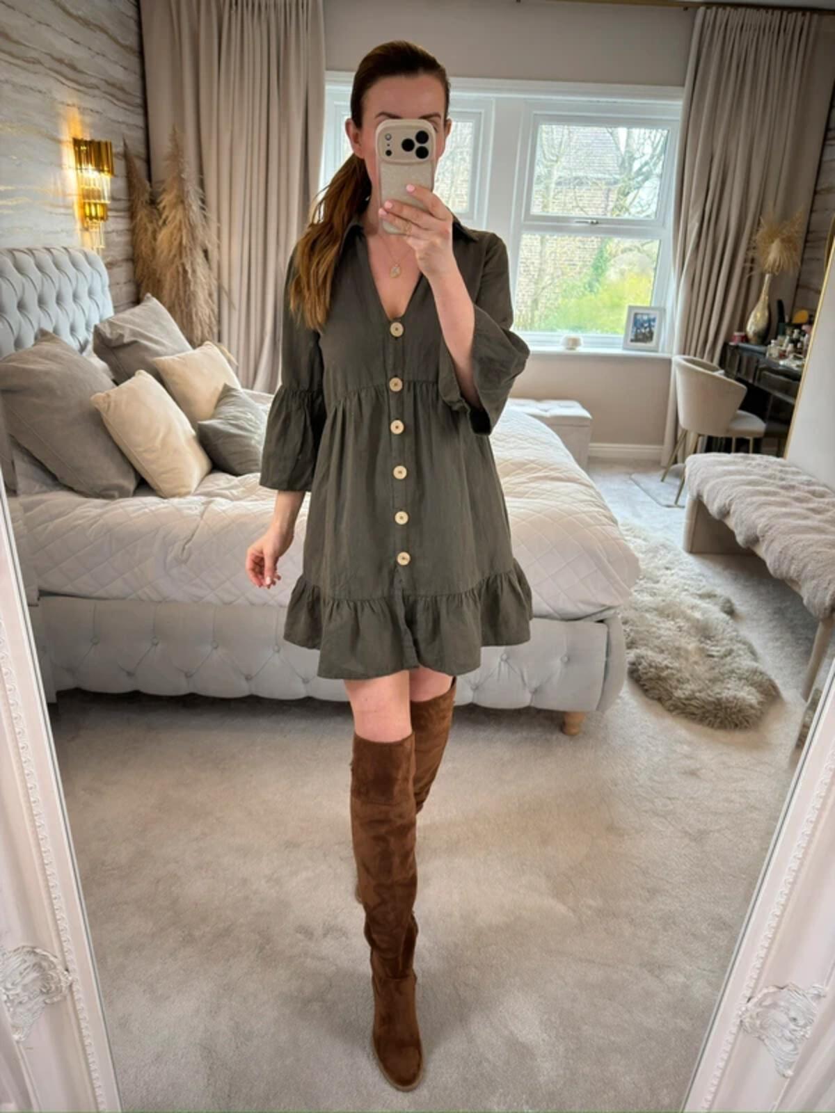 Zara Khaki Linen Blend Boho Shirt Dress Small