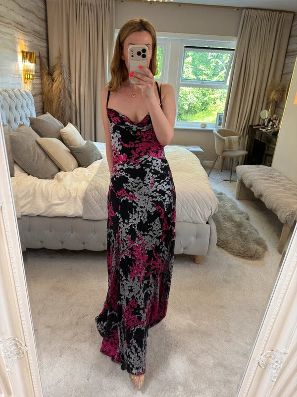 Monsoon Vintage 90s Black Floral Cowl Maxi Dress 14