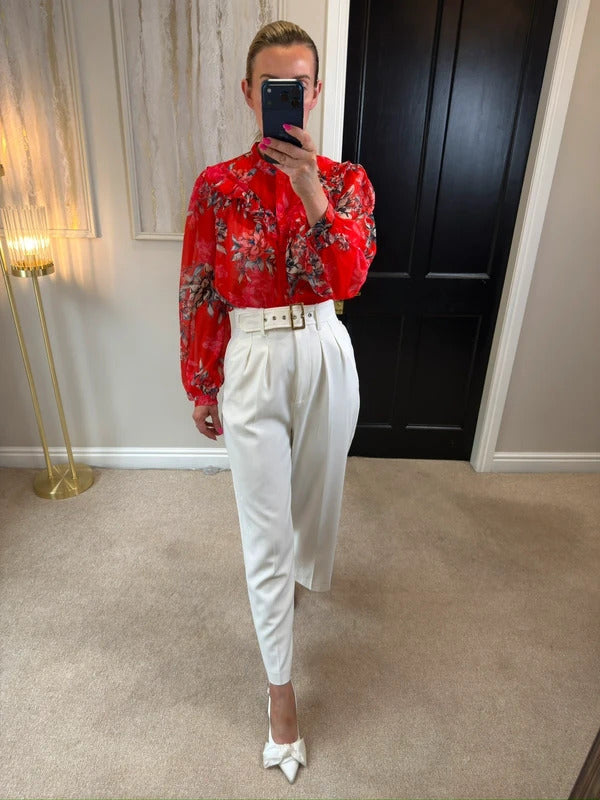 French Connection Red Sheer Floral Frill Blouse 10