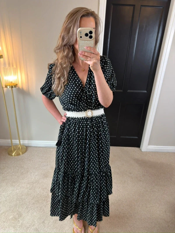 Knox Rose Black & White Tie Wrap Tiered Midi Dress Large