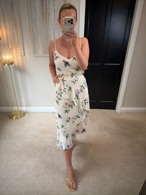 M&S White Floral & Bird Layered Midi Slip Dress 10
