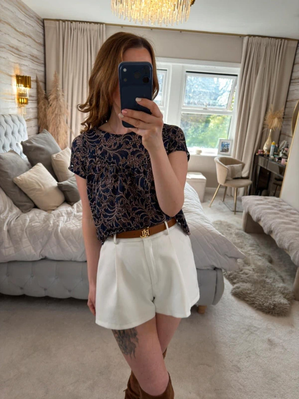Zara Navy Semi Sheer Lace Blouse Small