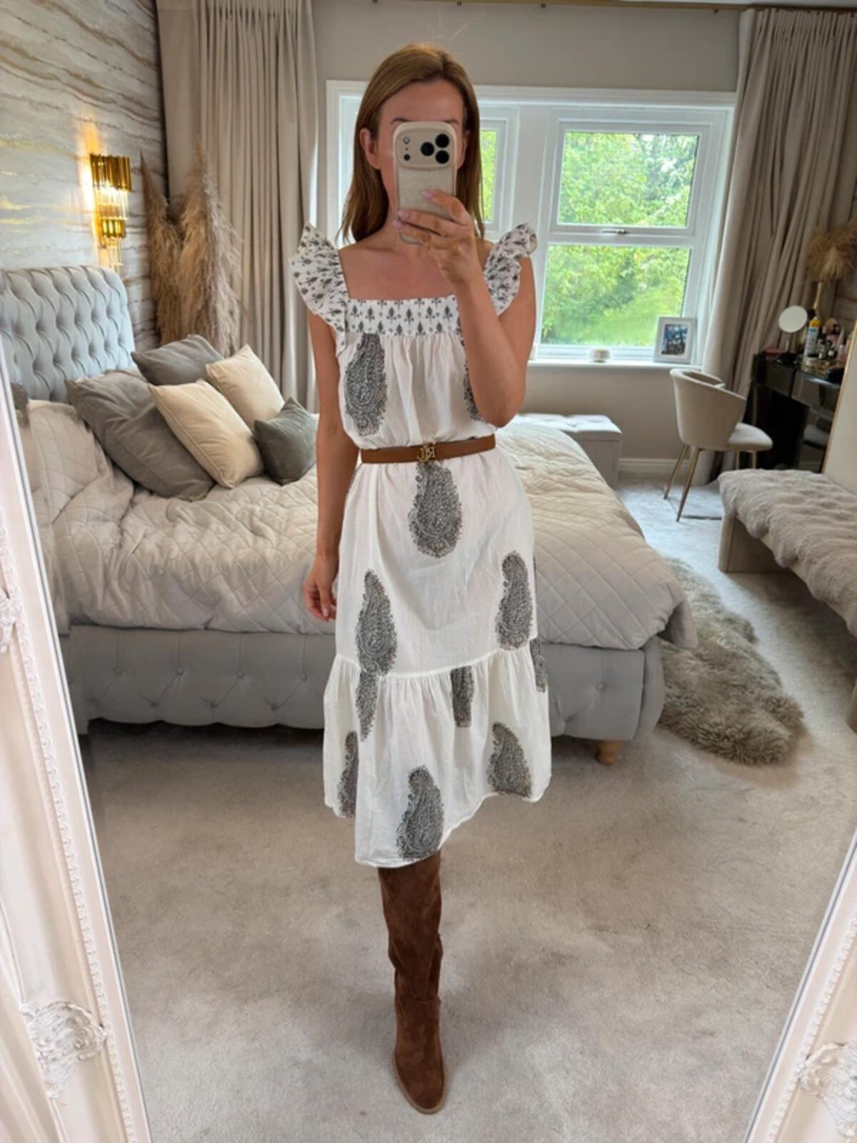 F&F White Paisley Frill Midi Dress 8/10