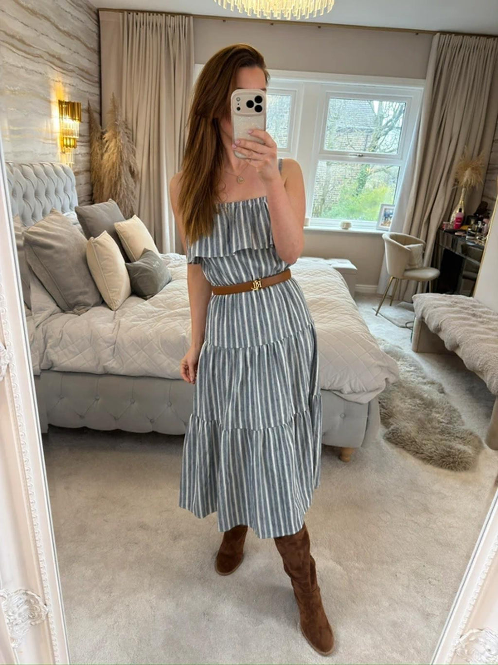 Michael Kors Stripe Tiered Linen Mix Midi Dress XS