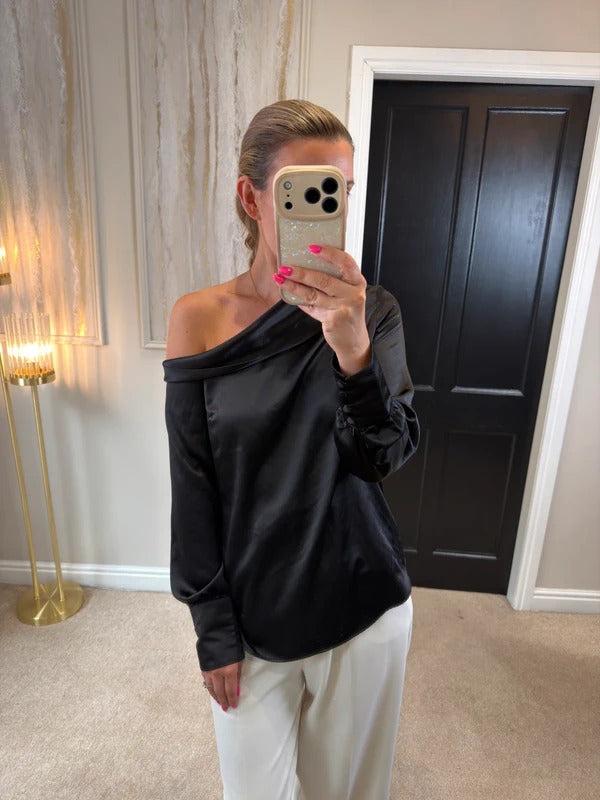 River Island Black Satin Off The Shoulder Blouse 8