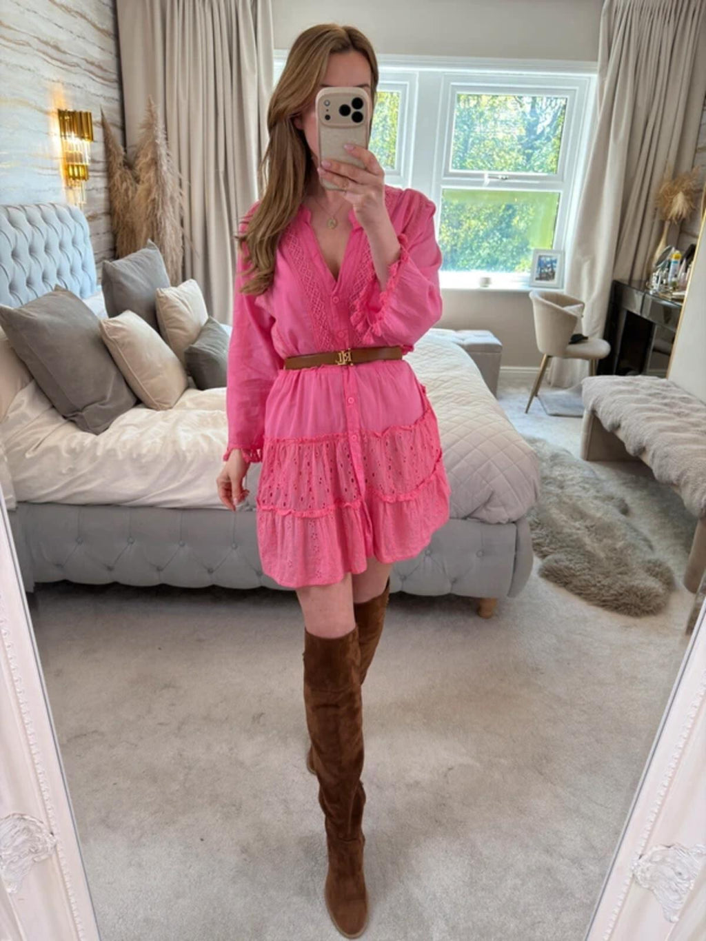 American Flirt Pink 100% Cotton Mini Dress Large