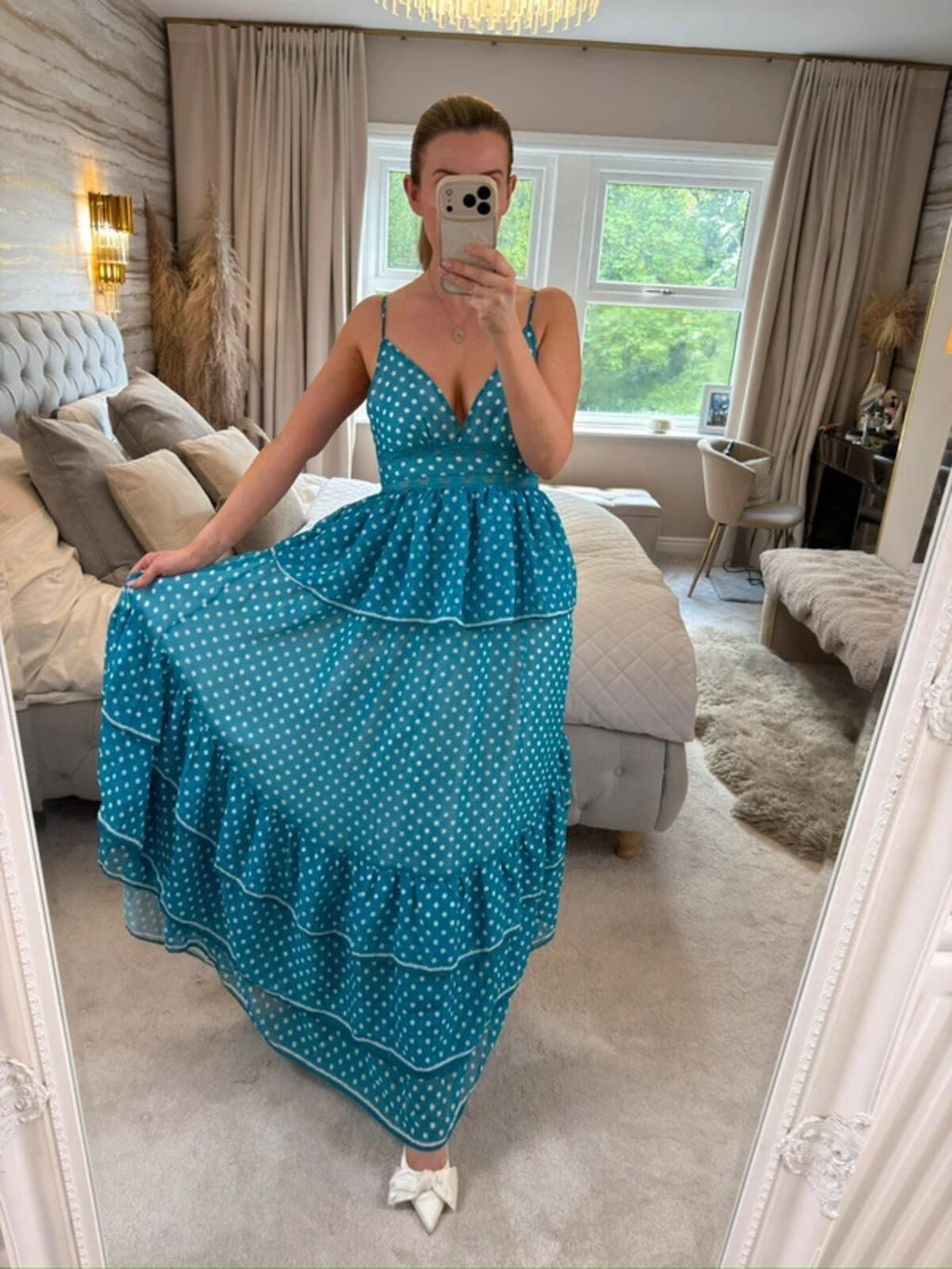 Golden Days Teal Blue & White Polka Dot Tiered Maxi Dress 8