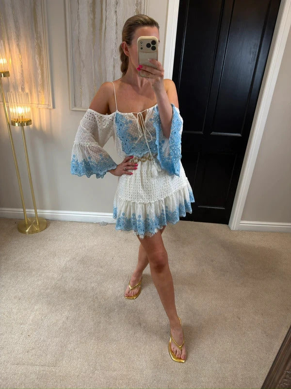 Miss June White & Blue Boho Mini Dress One Size