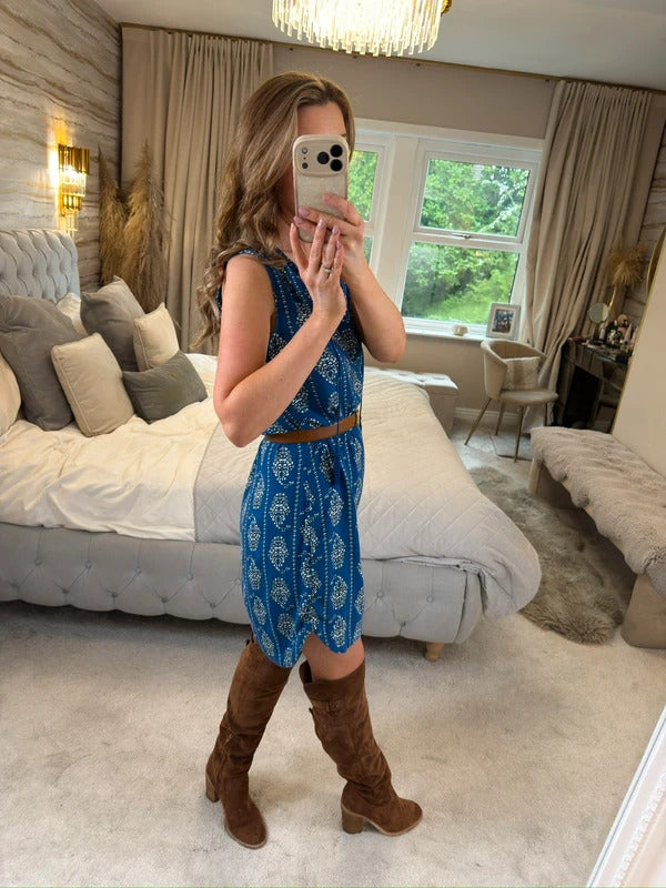 Beach Lunch Lounge Blue Tassel Boho Mini Dress XS