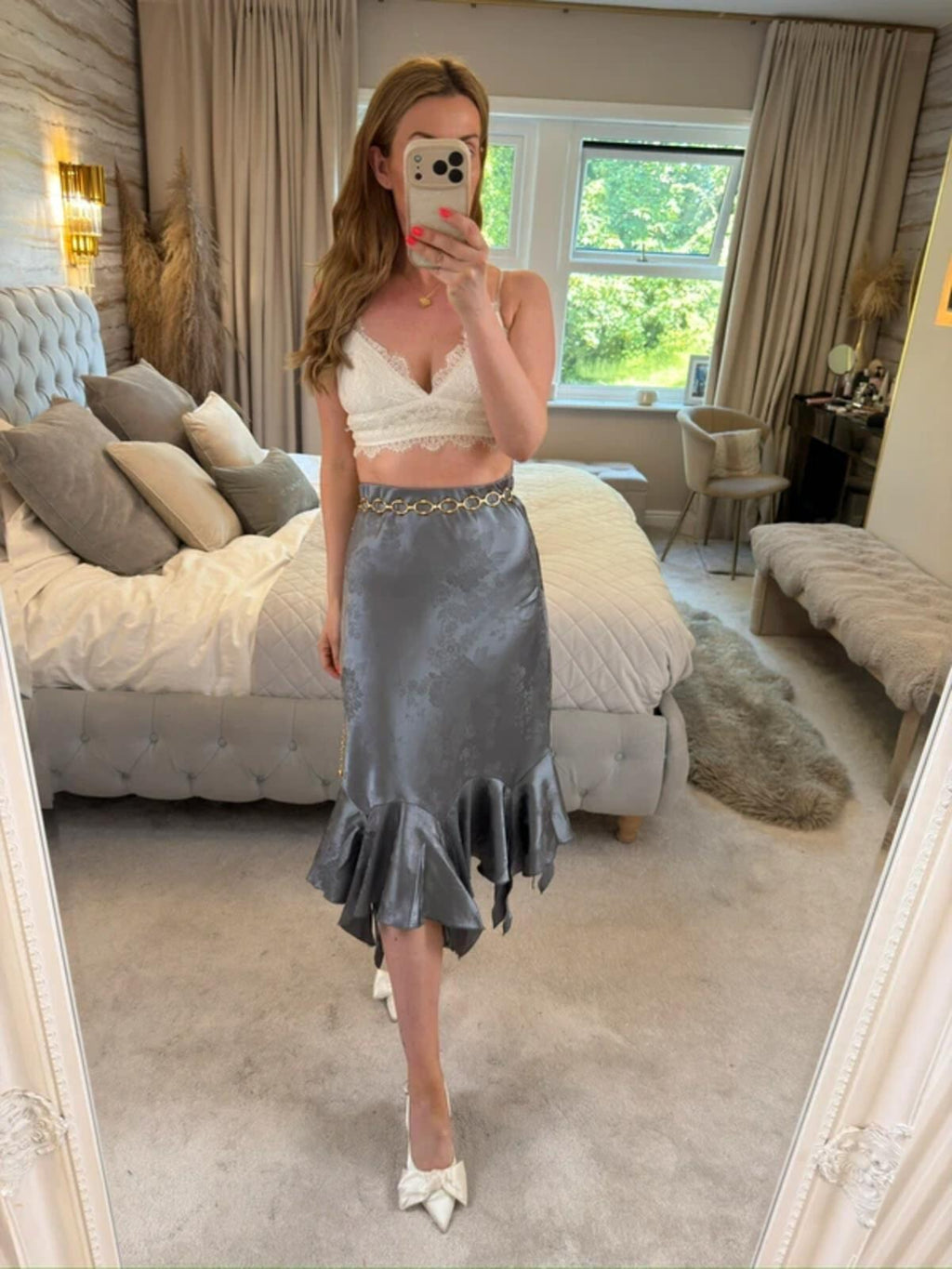 ⭐ BNWT Miss Selfridge Purple / Silver Asymmetrical Satin Floral Midi Skirt 12
