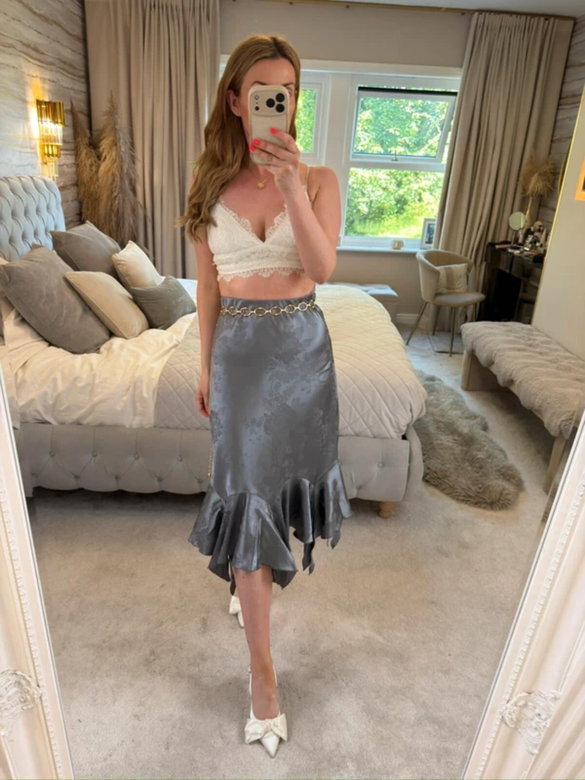 ⭐ BNWT Miss Selfridge Purple / Silver Asymmetrical Satin Floral Midi Skirt 12