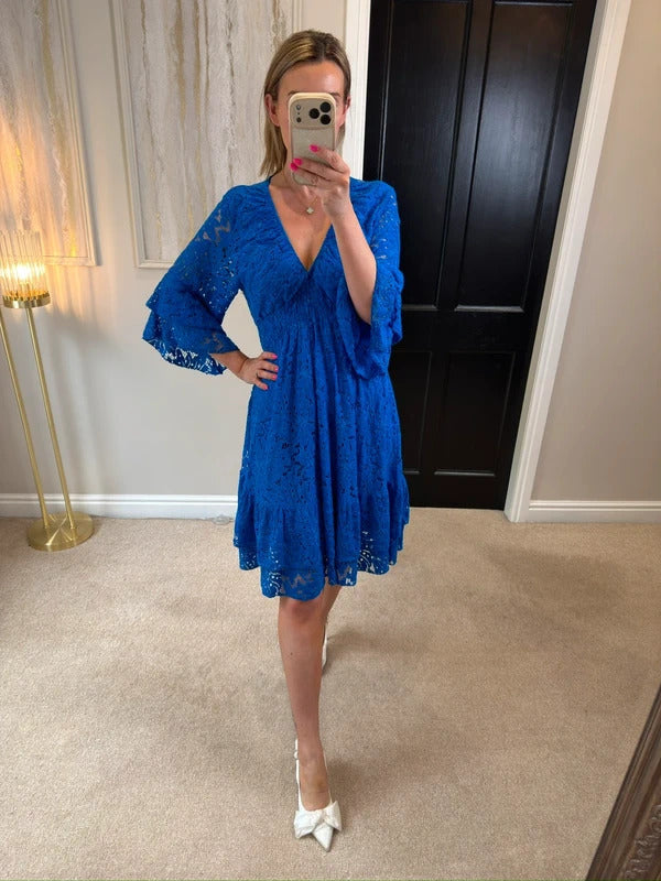 Boutique Cobalt Blue Lace Frill Dress One Size