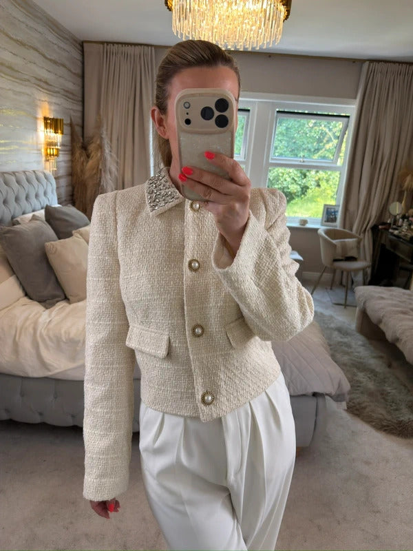 BNWT River Island Cream Embellished Tweed Blazer 12