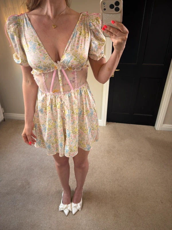 For Love & Lemons Glitter Garden Cap Sleeve Slip Dress XS