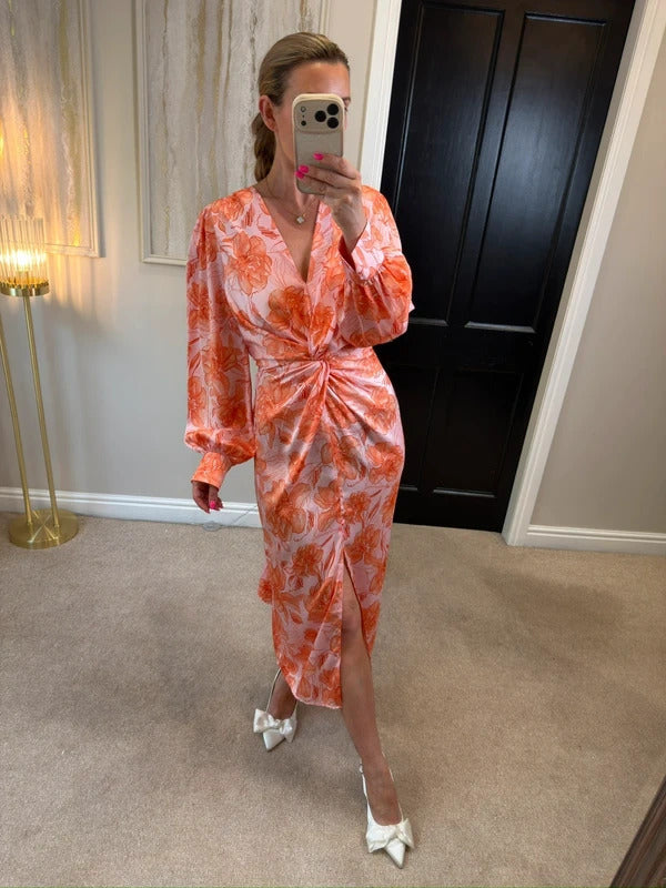 River Island Pink Floral Satin Knot Midi Dress 12