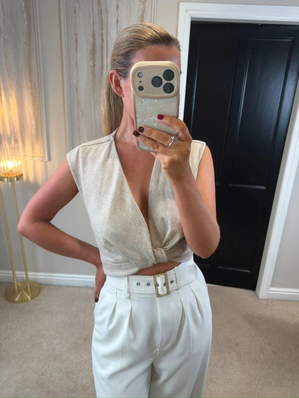 BNWT Zara Oatmeal Linen Blend Twist Front Blouse Small