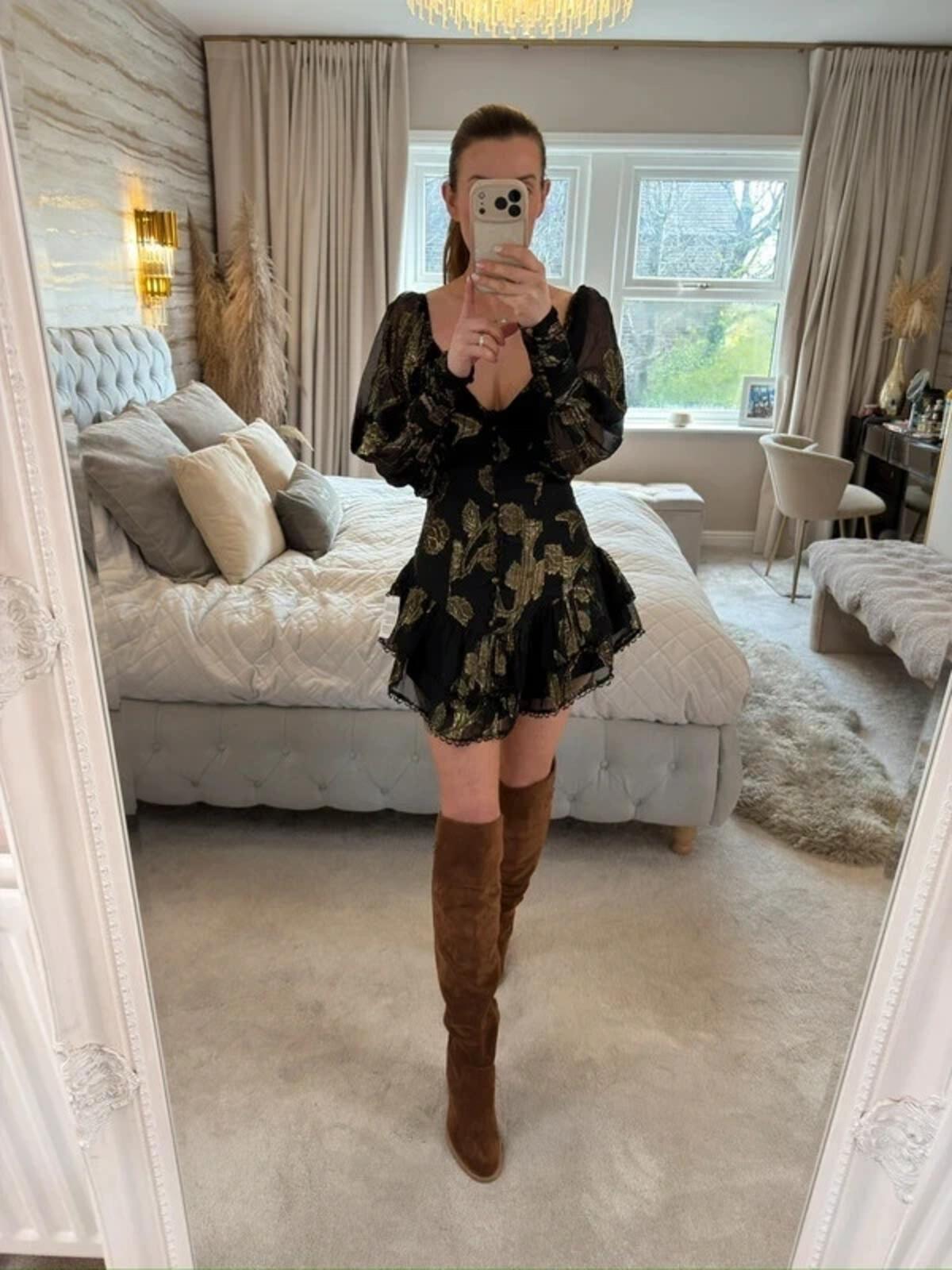 BNWT Black & Gold Frill Boho Mini Dress Petite 6