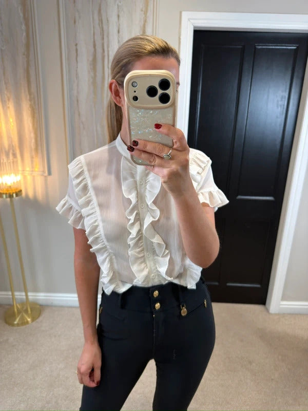 Boohoo Cream Semi Sheer Frill Blouse 6