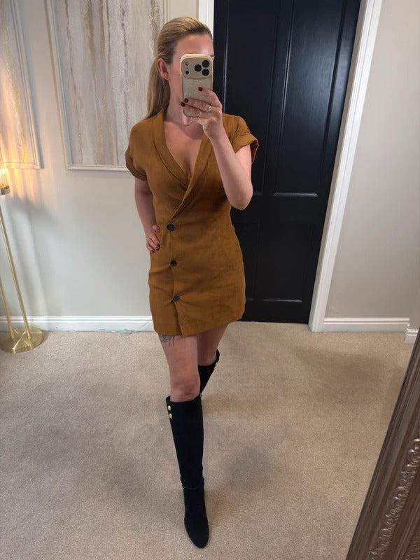 Brown Faux Suede Button Mini Dress Small