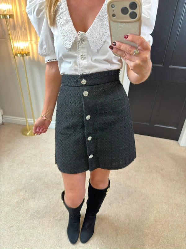 H&M Black Tweed Diamanté Skirt 12