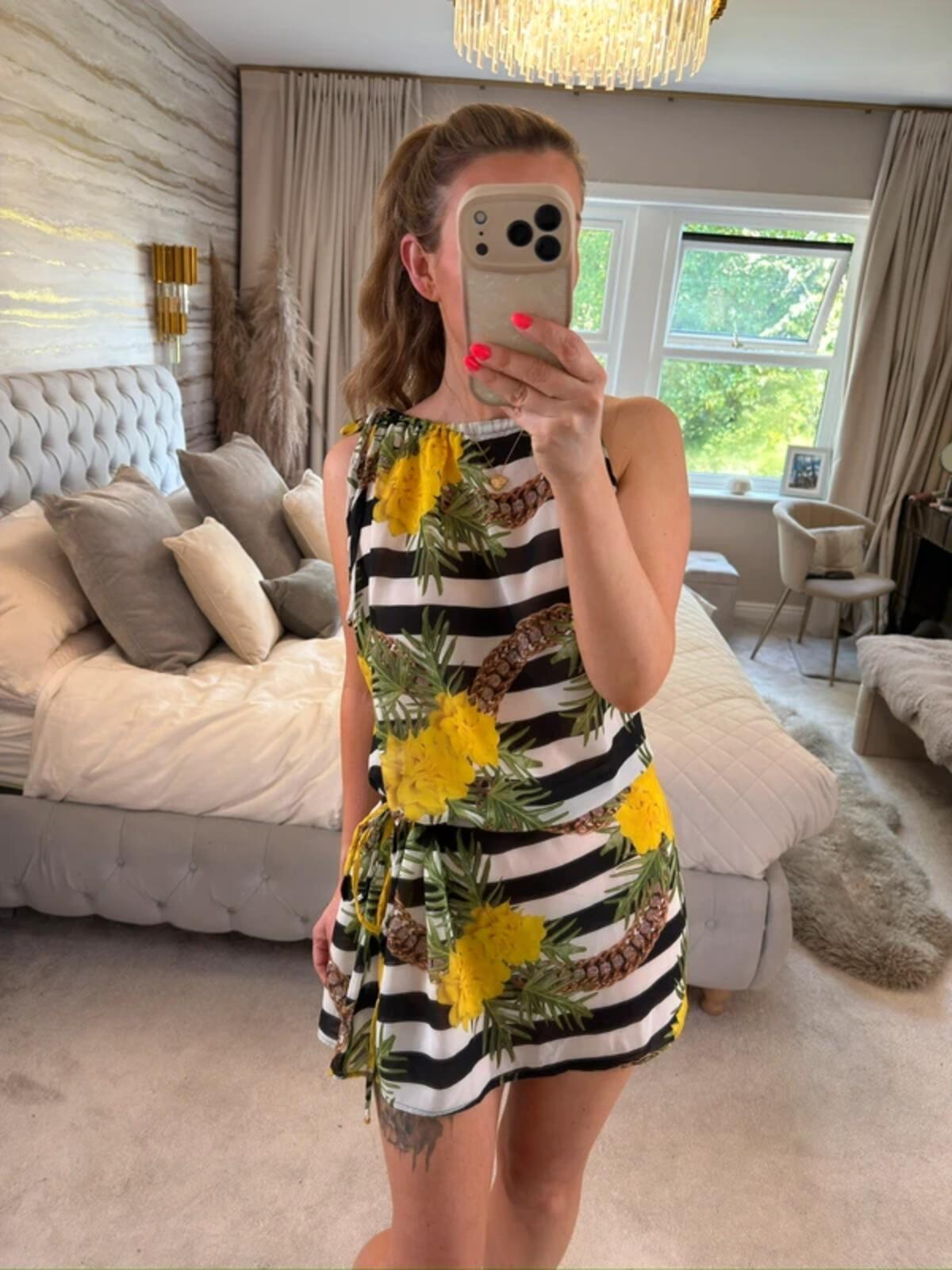 Bora Rosa Black Stripe Floral Print Sheer Cover Up / Mini Dress