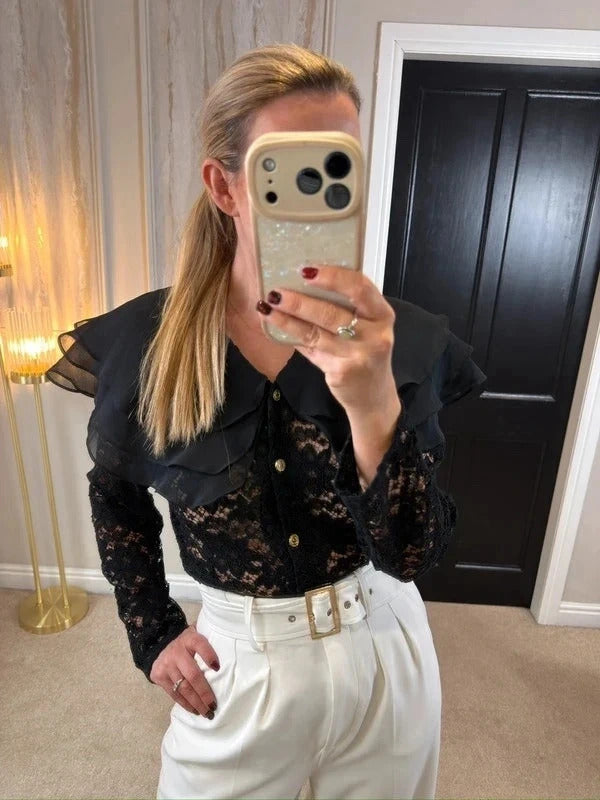 Vintage Linea G Black Lace Frill Blouse 8