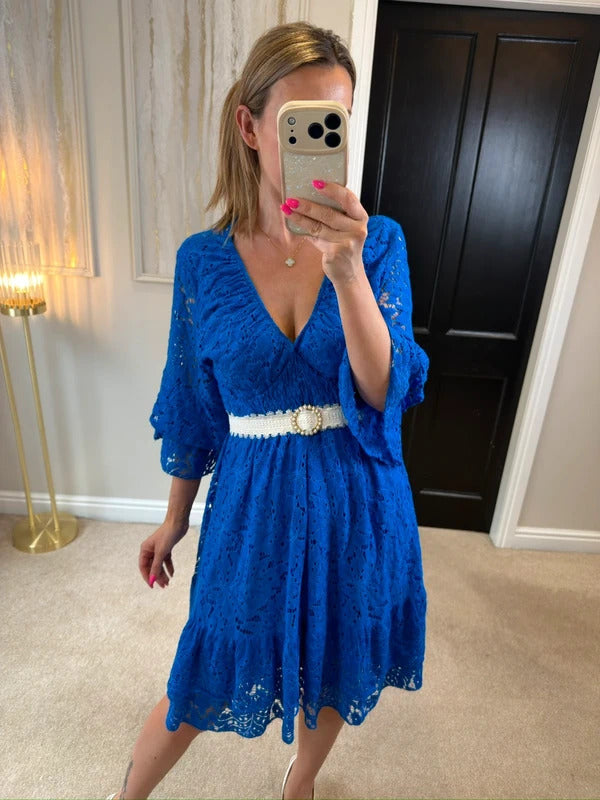 Boutique Cobalt Blue Lace Frill Dress One Size