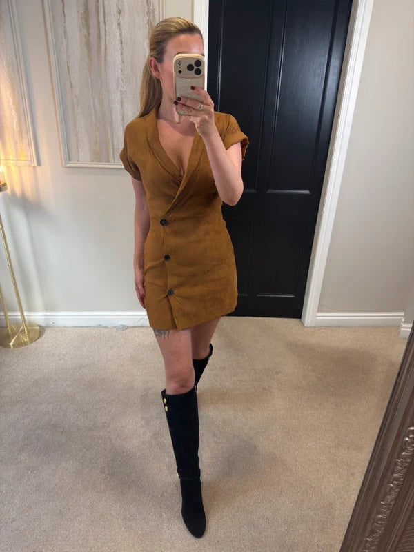 Brown Faux Suede Button Mini Dress Small
