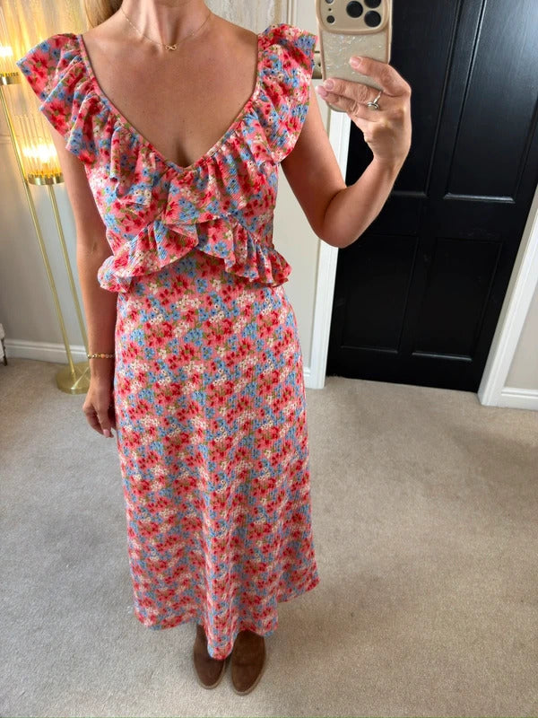 F&F Multicoloured Floral Frill Midi Dress 10