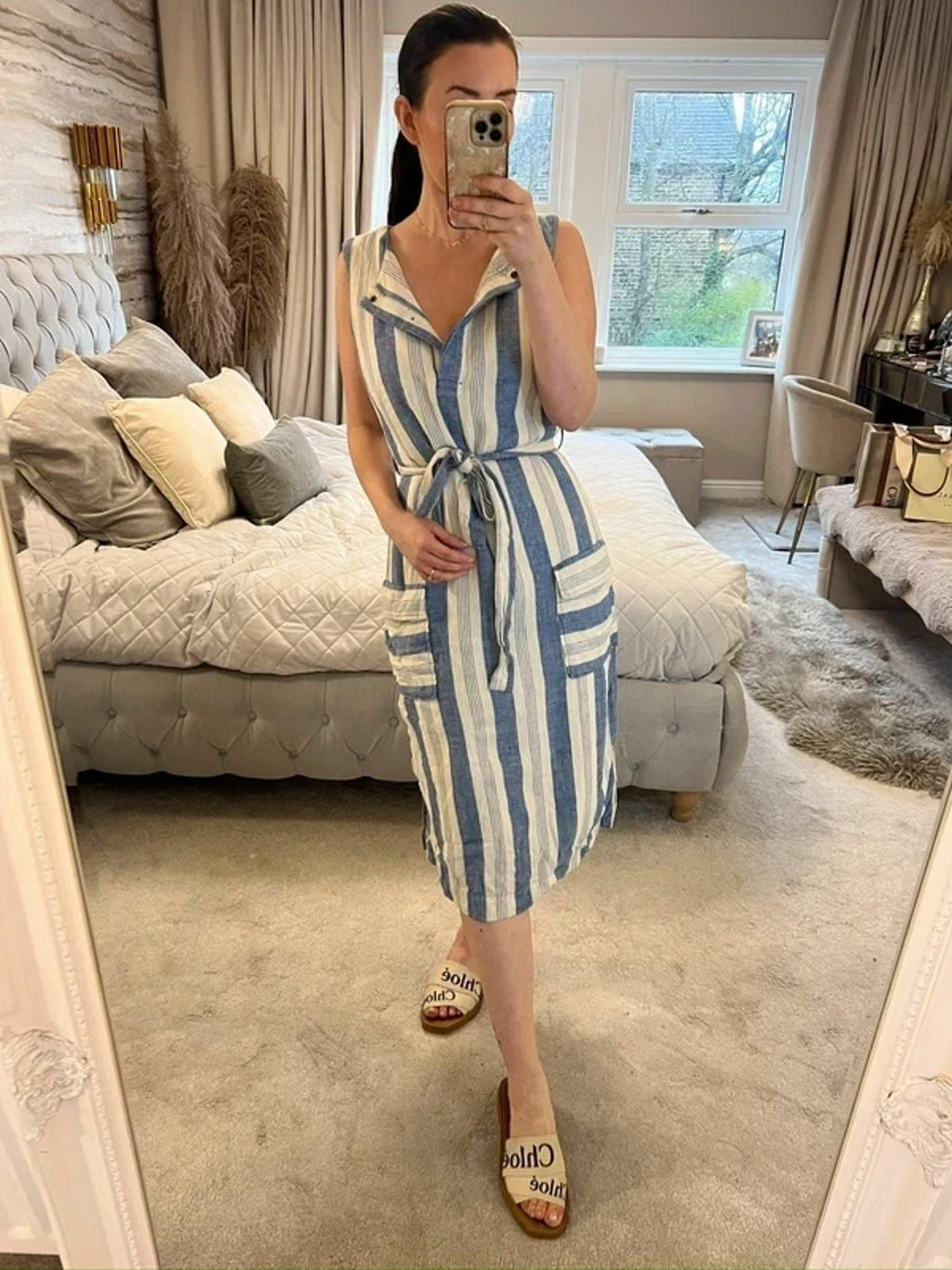 Cream & Blue Stripe Belted Midi Dress 12