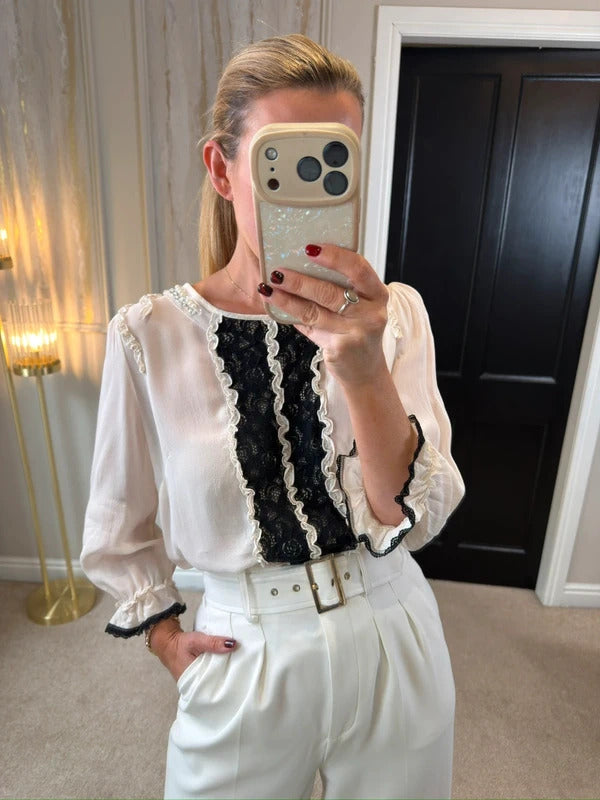 River Island Cream & Black Lace Frill Embellished Blouse 14