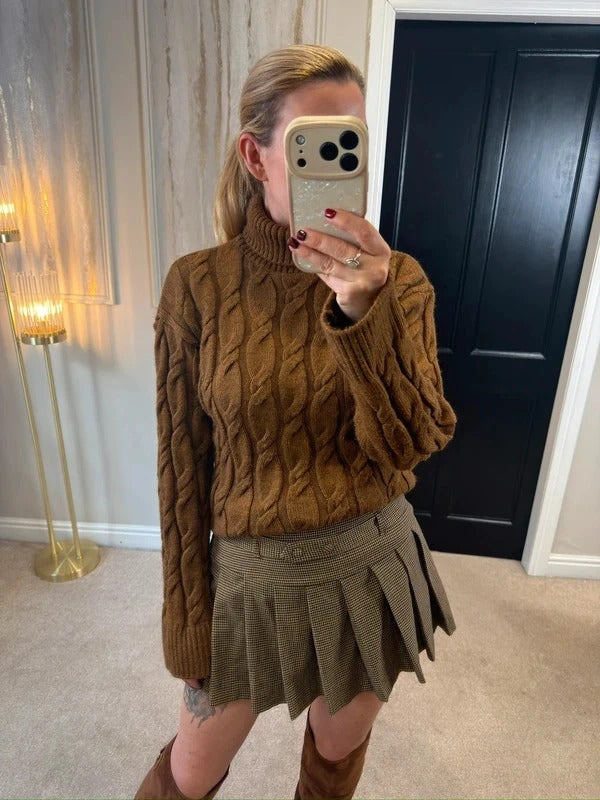 M&S Brown Cable Knit Roll Neck Jumper Medium