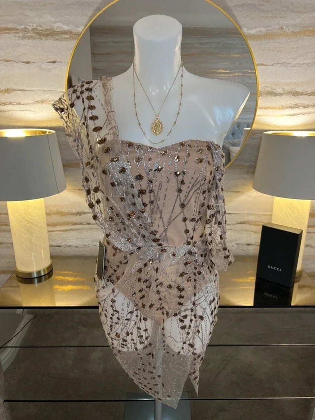 BNWT Dressmezee Nude Glitter Mesh Mini Dress Small