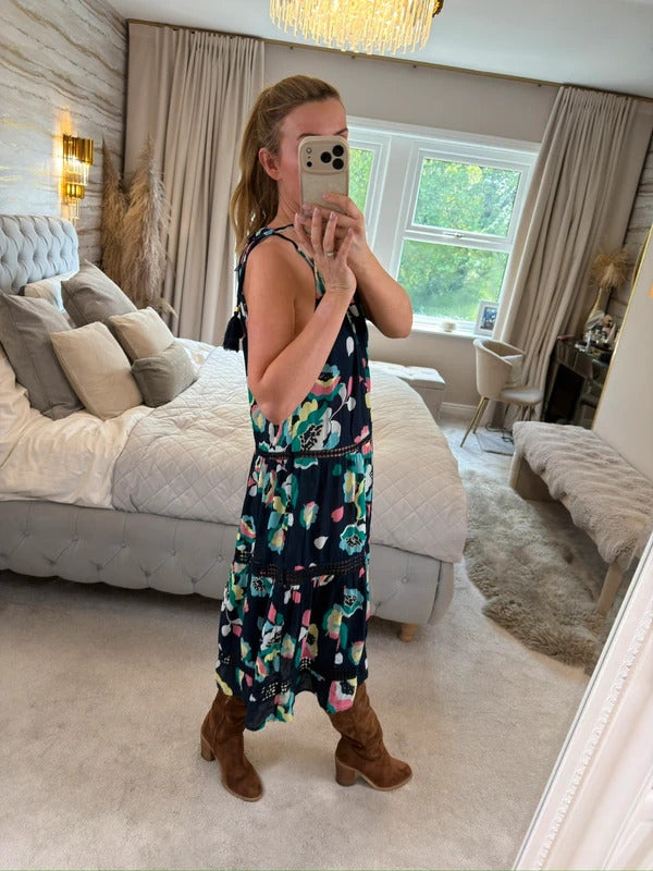 M&S Navy Floral Tassel Beach Sundress 8