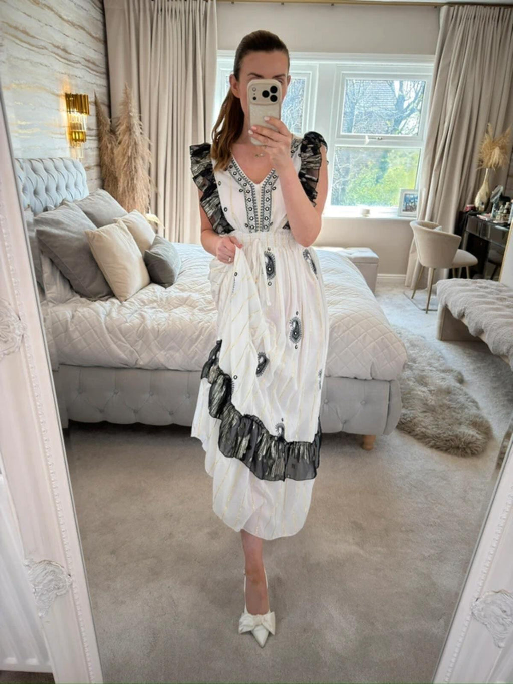 Boutique White & Black Boho Embellished Dress One Size