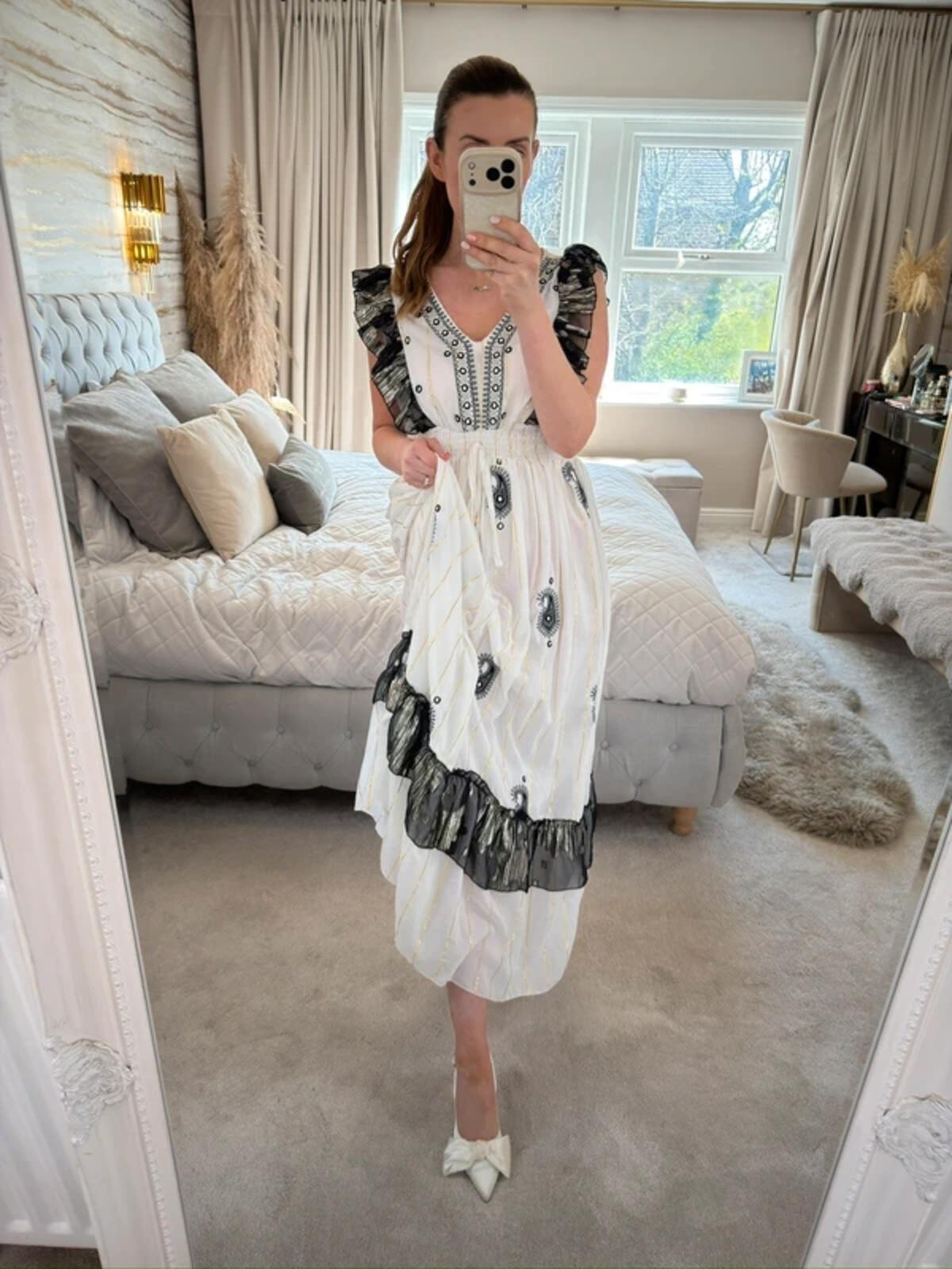 Boutique White & Black Boho Embellished Dress One Size
