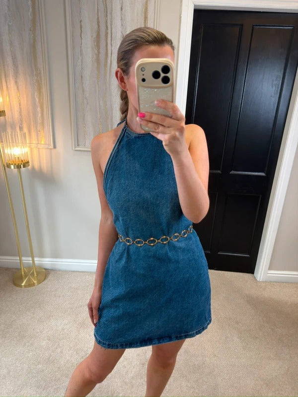 Zara Denim Low Back Mini Dress Size Medium