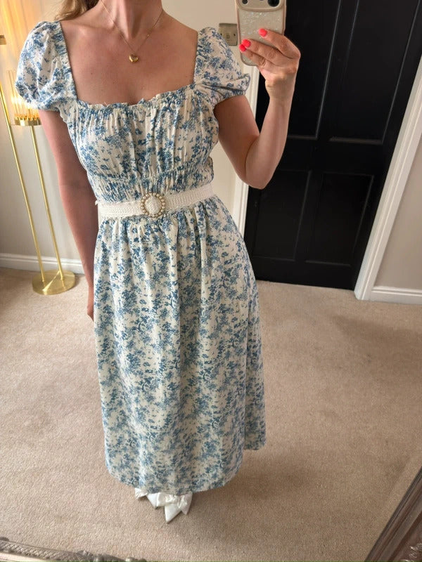 H&M White & Blue Floral Midi Dress Small