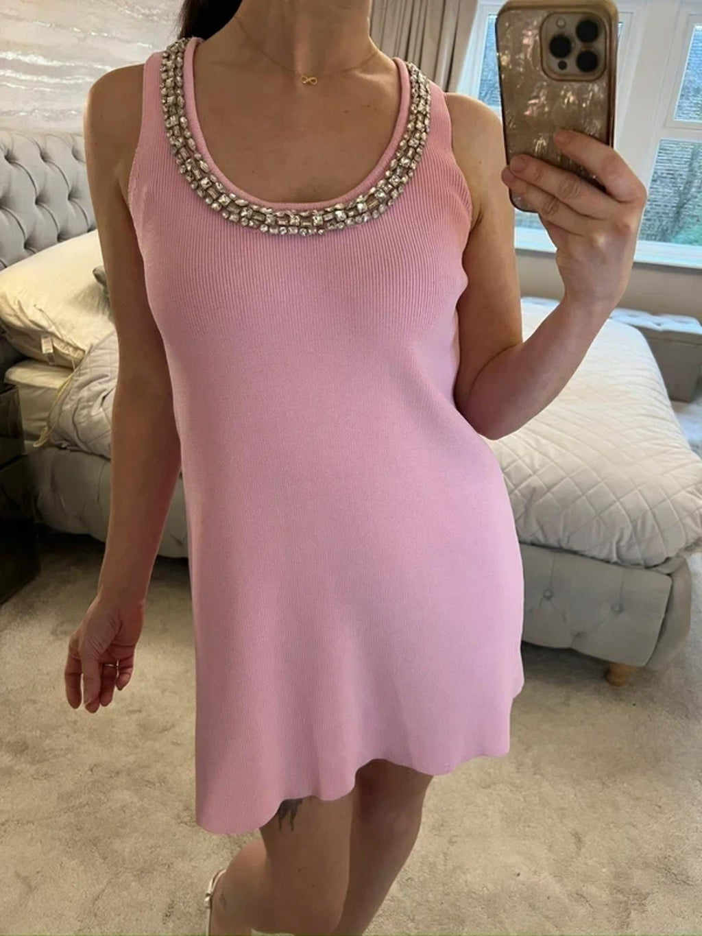 Zara Pink Knitted Embellished Mini Dress Small