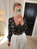 Zara Black Floral Print Frill Blouse XS