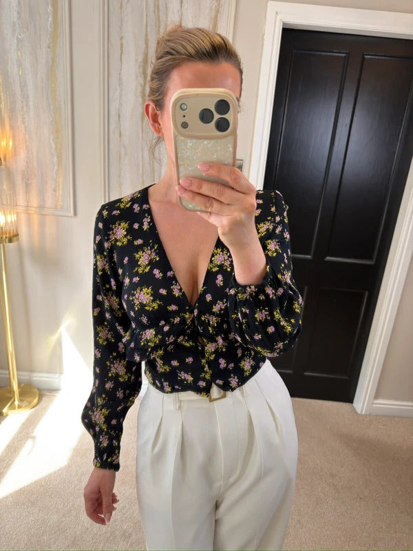 Zara Black Floral Print Frill Blouse XS