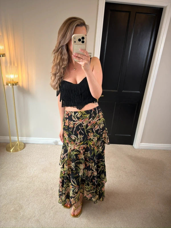 M&S Black Floral Tiered Maxi Skirt 10