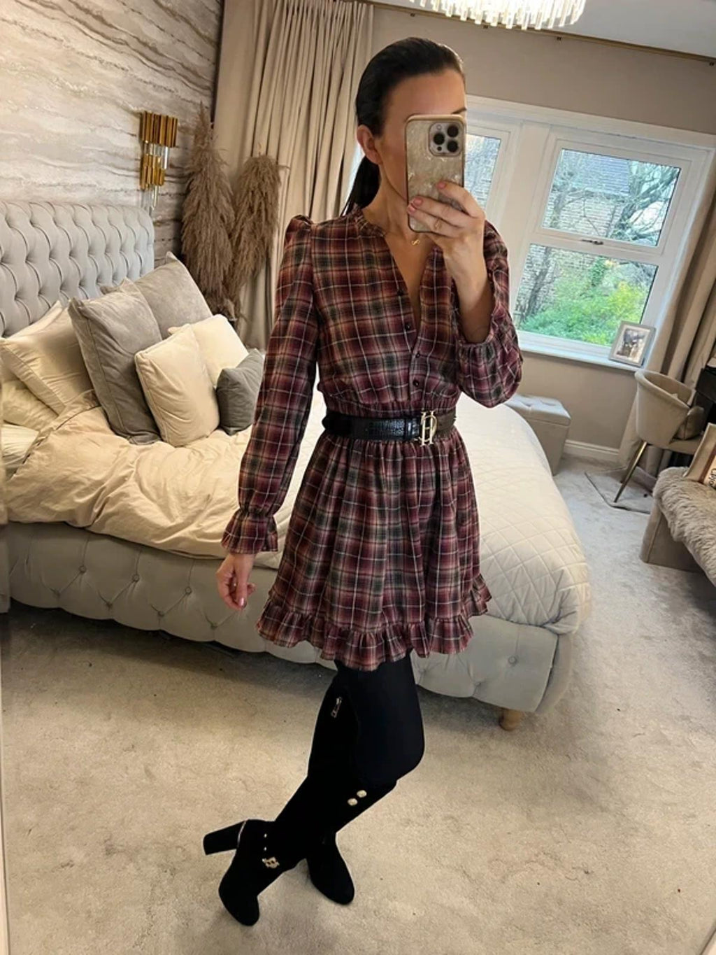 PrettyLittleThing Burgundy Tartan Mini Dress 4/6