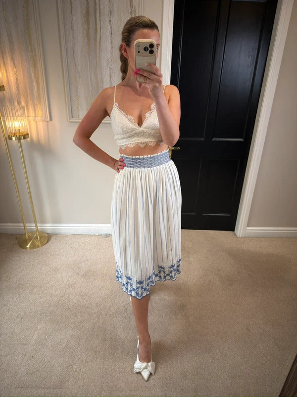 M&S White & Blue Embroidered Midi Skirt 12